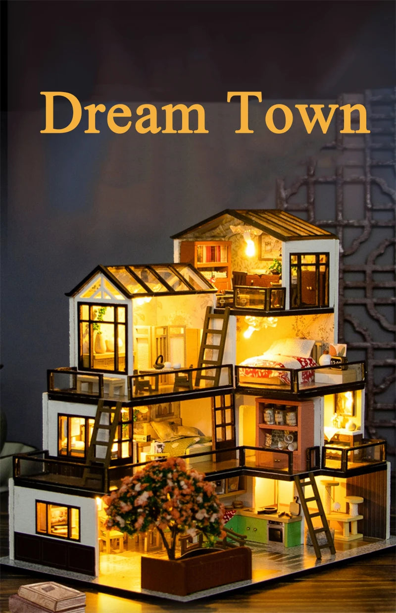 DIY Wooden Doll Houses Dream Town Casa Miniature Building Kit Villa Dollhouse with Furniture Led Lights for Girls Birthday Gifts