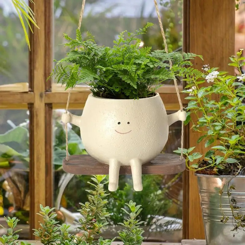 Swing Flower Pot Resin Smiling Face Planter Pot Creative Wall Hanging Planter For Indoor Outdoor Plants Gardening Accessories