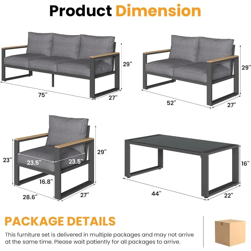 Aluminum Patio Furniture Set, 5 Piece Outdoor Conversation Set with Coffee Table, Metal Outdoor Patio Furniture