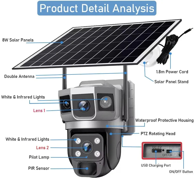 12MP Dual Lens Solar IP Camera Three Screen 4G 6K Camera 10X Zoom CCTV Outdoor PIR Night Vision Waterproof Home Surveillance Cam