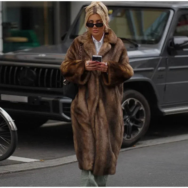 Women's Dark Brown Faux Fur Long Overcoat Single Breasted Fleece Long Trench Coat Winter Fluffy Plush Warm New Thicken Outerwear