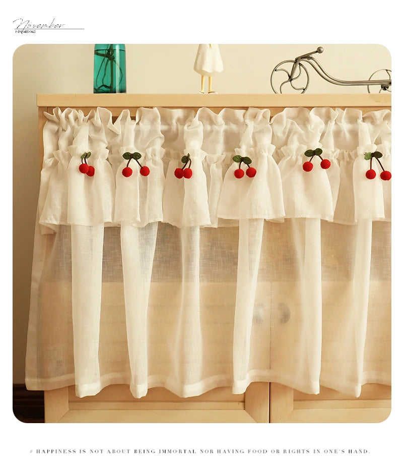 Korean Style Fresh Linen Short Curtain for Kitchen Small Window Half Curtain Cherry Decorative Valance Tulle Door Curtain Drape