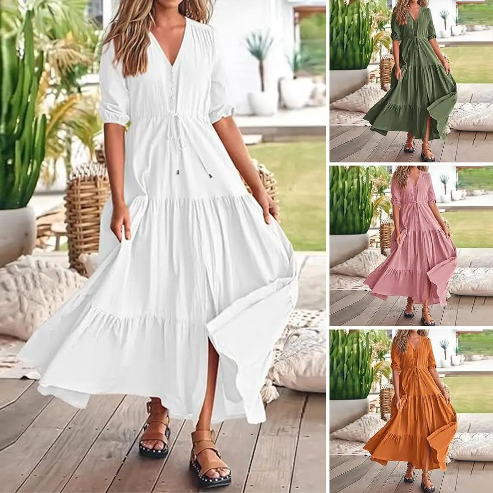 Women Summer V Neck Short Sleeve Cotton Linen Midi Dress Loose Elegant Party Long Beach Dresses Bohemian Maxi Sundress Vestidos