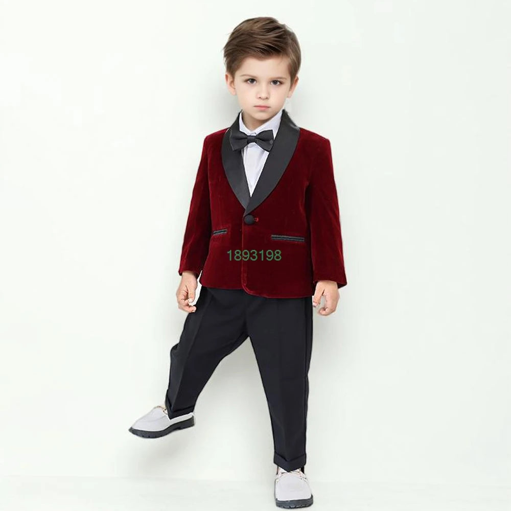 Boys Formal Velvet Suit Set Child Birthday Dress Wedding Party Photography Piano Recital Costume Kids Blazer Pants Bowtie Outfit