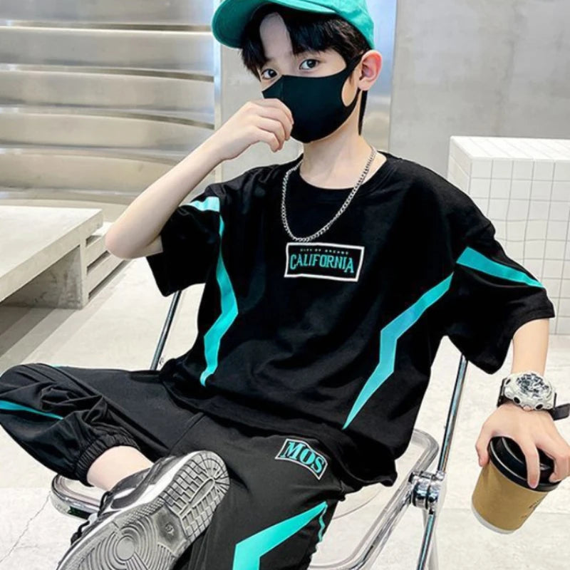 summer boys clothes set letter top & pants 2 pieces suit teenage boy print tracksuit cool boy style children outfit