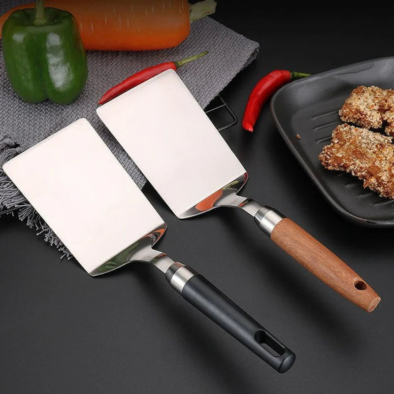 Stainless Steel Square Head Steak Cooking Spatula Wood Handle  Pizza Shovel Pancake Beef Turner Scraper BBQ Utensils For Kitchen