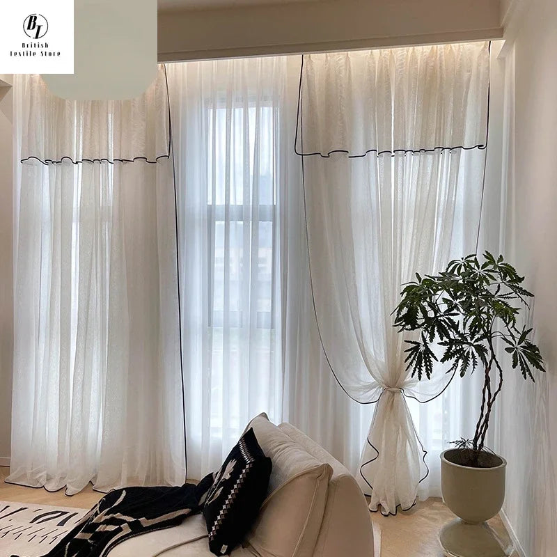 Retro Cream Linen White Tulle Sheer Curtains for Living Room Luxury Bedroom Dining Balcony Black Edge Blackout Gauze Window Door