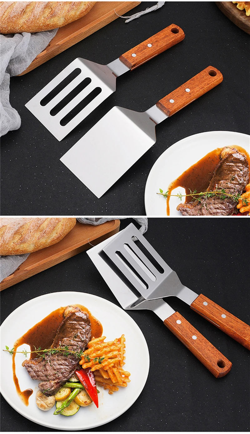 Stainless Steel Wooden Handle Cooking Spatula Steak Pancake Frying Shovel Teppanyaki Scraper Barbecue Tool Kitchen Accessories