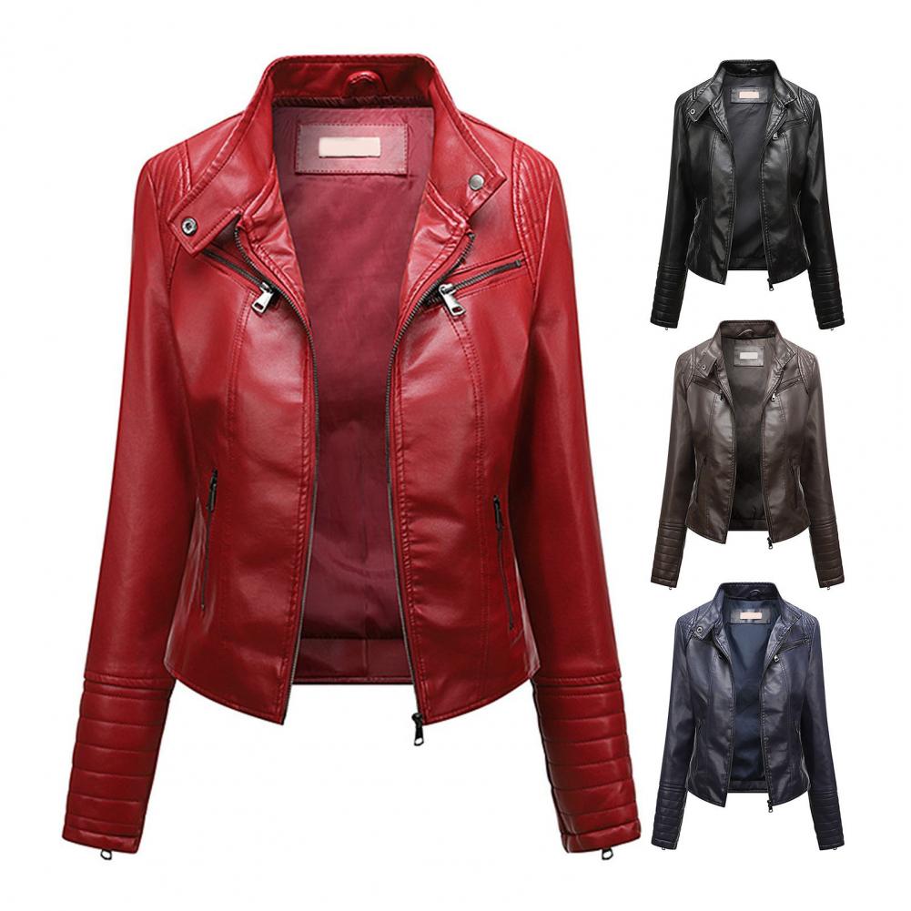 Women Leather Jacket Autumn Outwear Solid Color Slim Fit Faux Leather Jacket Stand Collar Long Sleeve Pockets Zipper Biker Coat