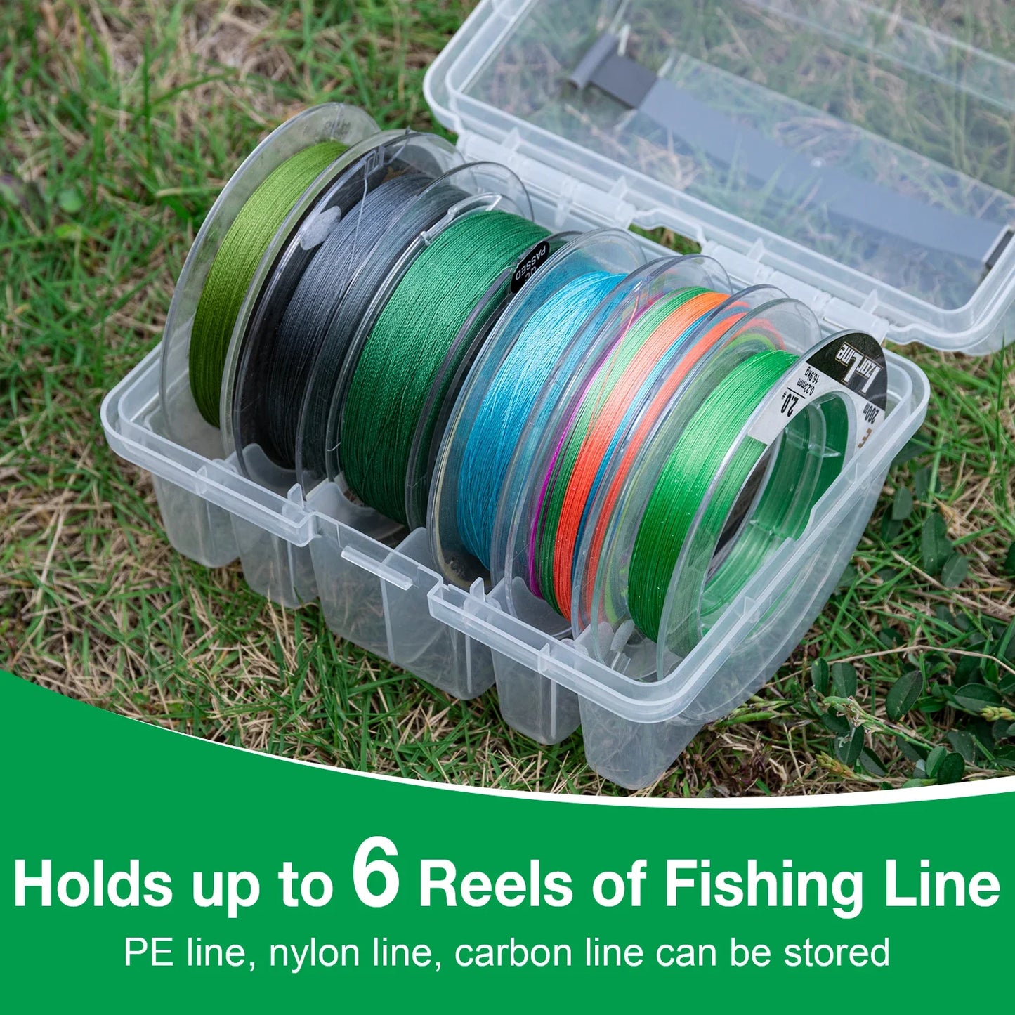 Goture Fishing Line Storage Box Slots Fishing Line Case Clear Visibility Fishing Line Organizer 6 Compartments Tackle Box 1pcs