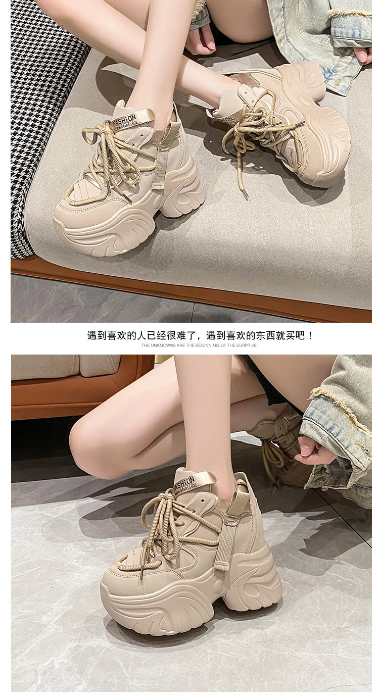 Women Walking Sneakers Autumn Lace-up High Platform Chunky Shoes Breathable Leather Shoes 10CM Winter Wedge Heels Casual Shoes