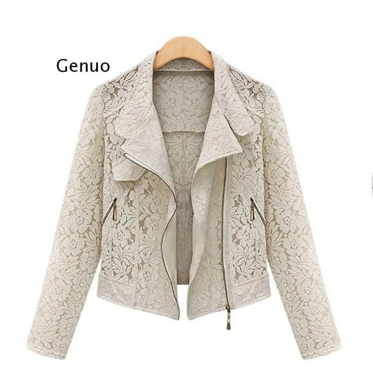 Lace Biker Jacket 2021 Autumn New Brand High Quality Full Lace Outwear Leisure Casual Short Jacket Metal Zipper Jacket FREE SHIP