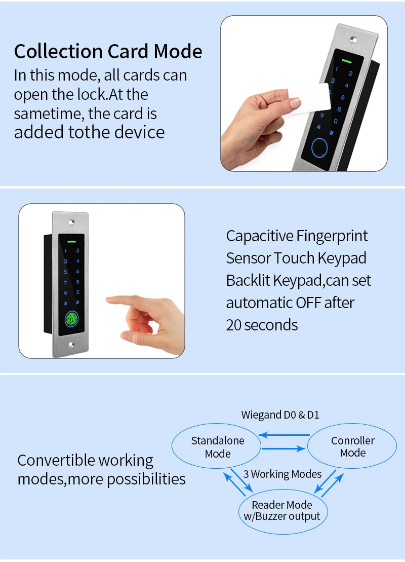 Tuya Access Control Keypad BLE Standalone Fingerprint Metal Waterproof Backlight Wall Embedded Door Opener RFID Reader+M165 box