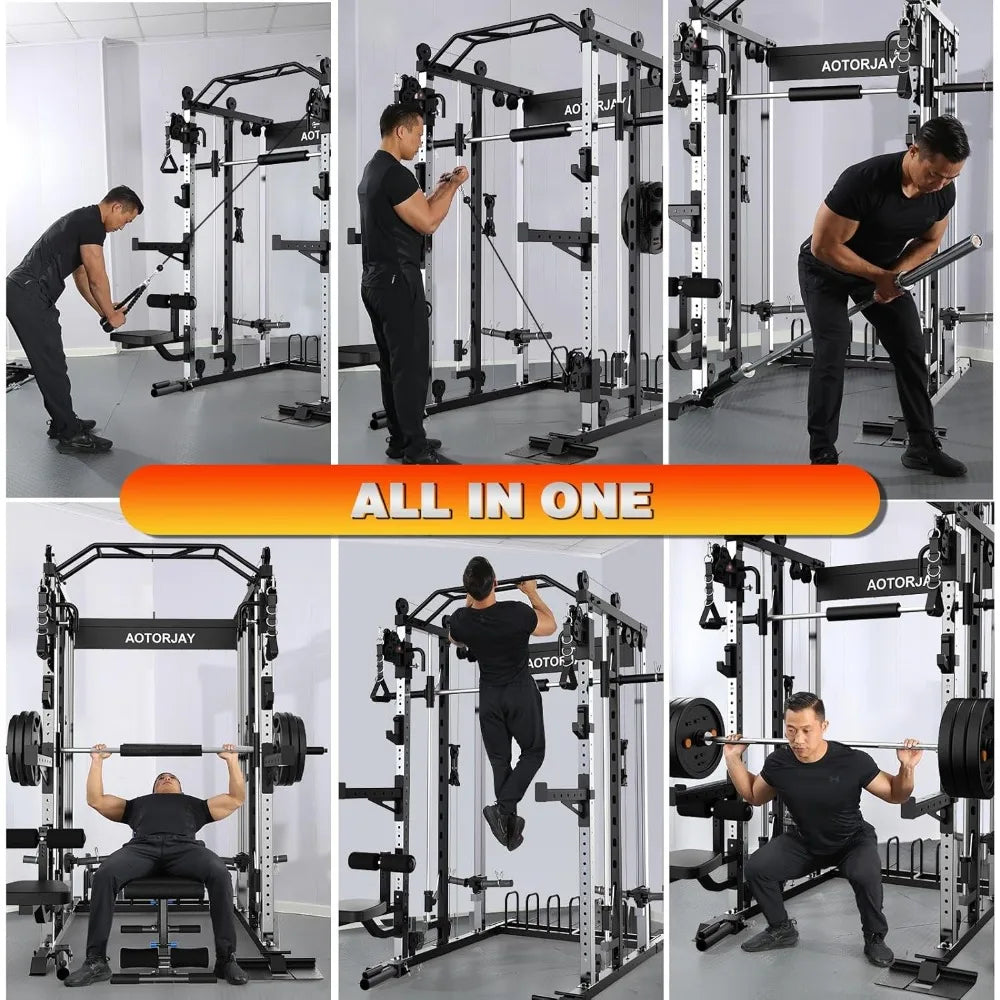 Smith Machine Strength Training Squat Rack with Smith Bar, Power Cage with LAT Pull-Down Systems