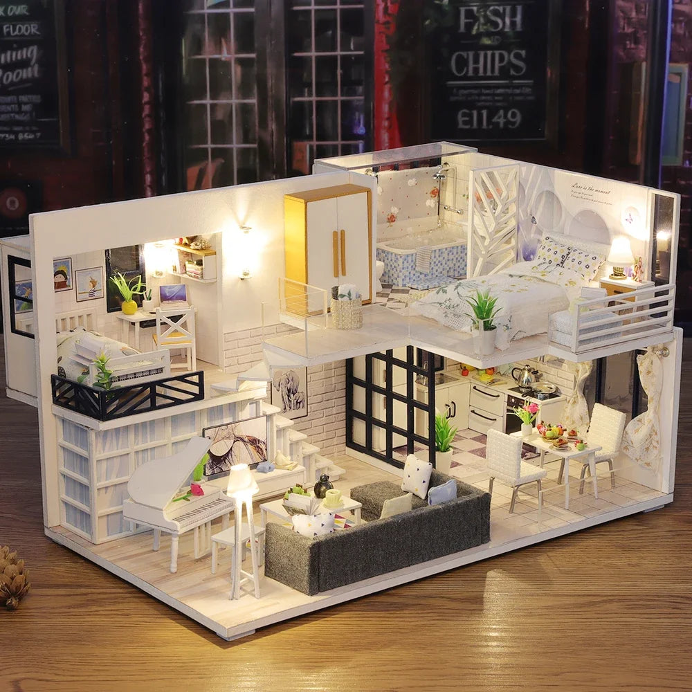 Assemble DIY Wooden House Dollhouse kit Wooden Miniature Doll Houses Miniature Dollhouse toys With Furniture LED Lights Gift