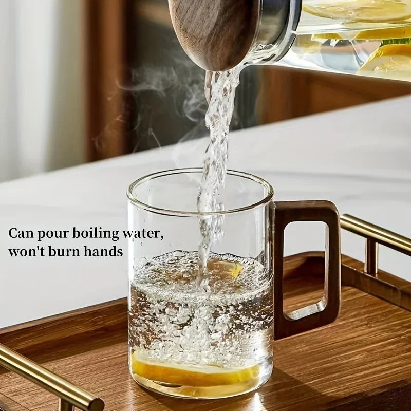 1pc 13.52oz Glass Cup with Wood Handle Household Heat-resistant Water Mug Large Capacity Tea Making Cup Office Drinking Glasses