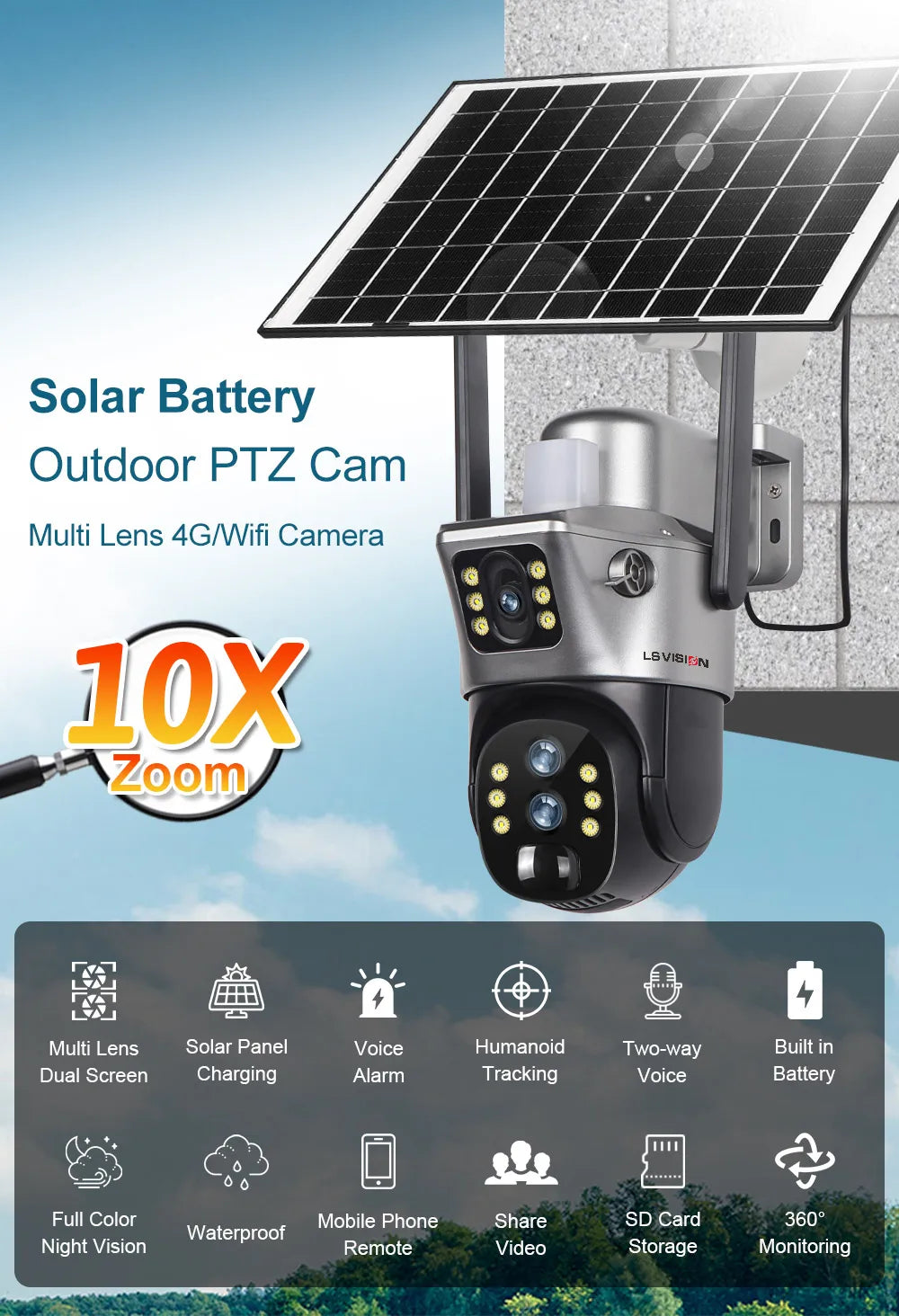 LS VISION 12MP 4G/WiFi Dual Screen Solar Camera Outdoor 10X Zoom 6K Three Lens Human Auto Tracking Surveillance Camera V380 Pro