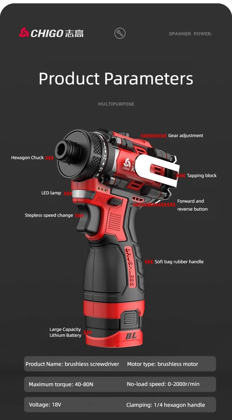 CHIGO Brushless Electric Drill Cordless Knockable Driller Driver 80N.m 18V Screwdriver Li-ion Battery Electric Power Tools