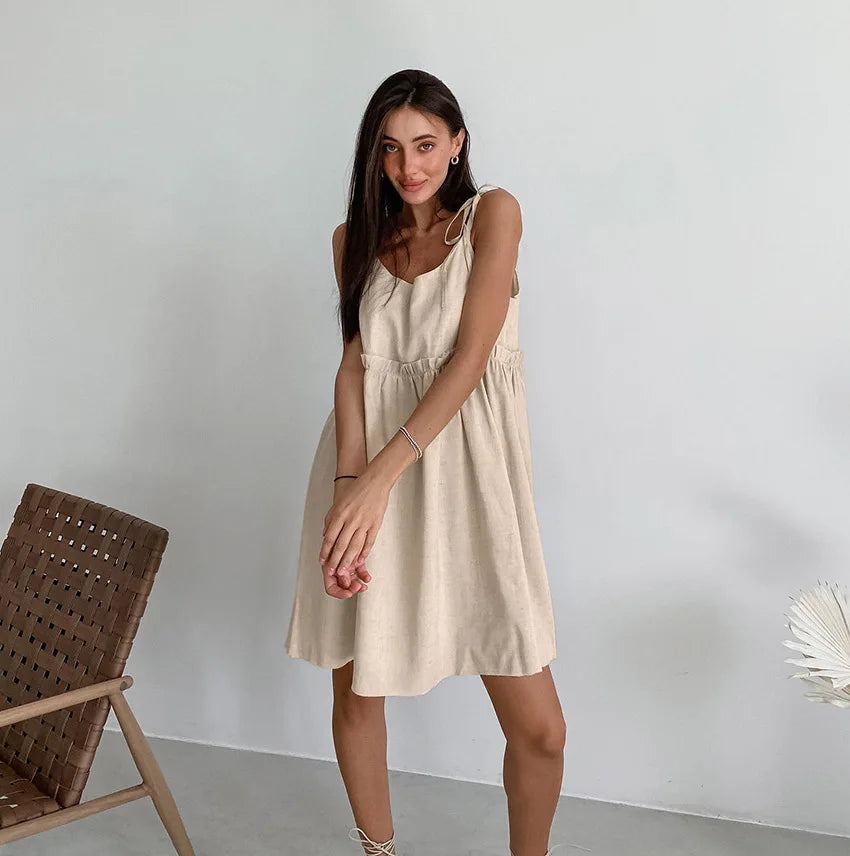 New In Cotton Linen Summer Dress Women 2024 Sexy Sleeveless Bandage Lace Up Chic Elegant Party Club Mini Dresses Beach Sundress