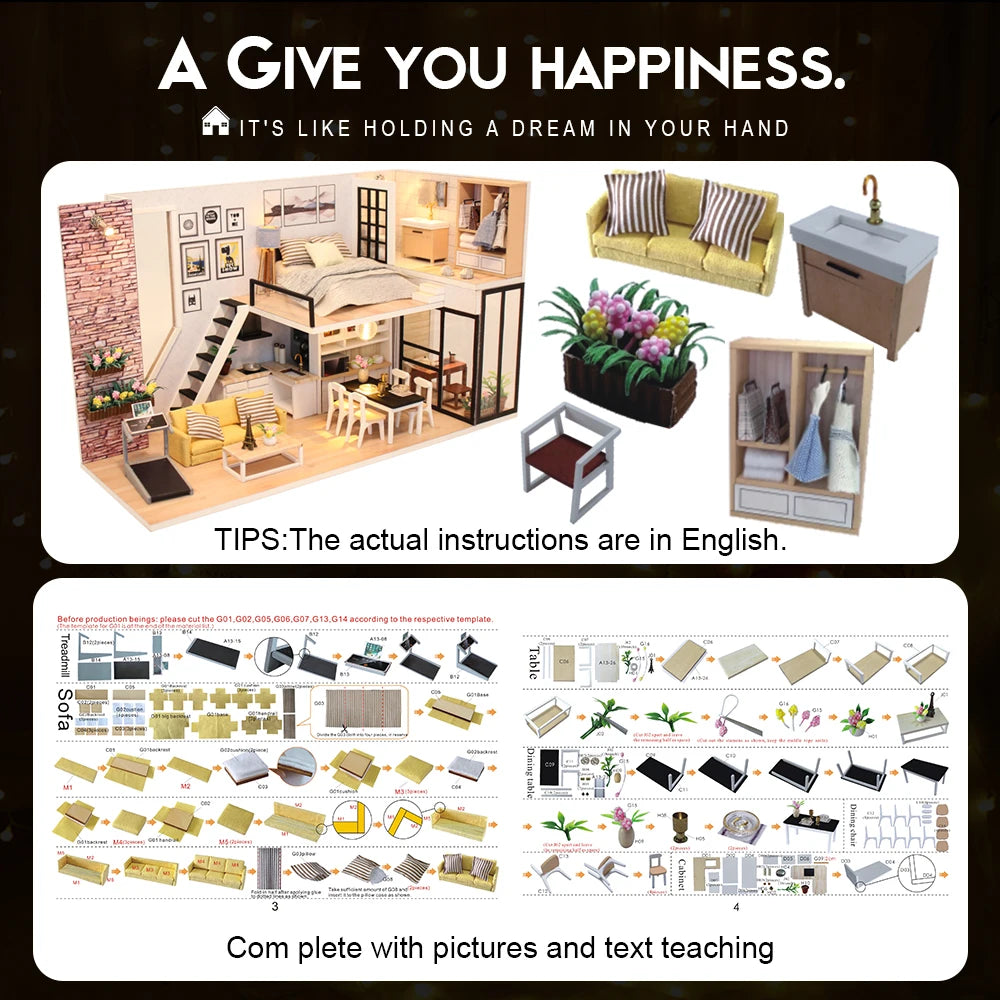 Assemble DIY Wooden House Dollhouse kit Wooden Miniature Doll Houses Miniature Dollhouse toys With Furniture LED Lights Gift