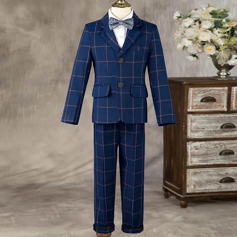 Boys Formal Navy Plaid Suits Set Children Host Piano Performance Birthday Party Photography Costume Kids Blazer Pants