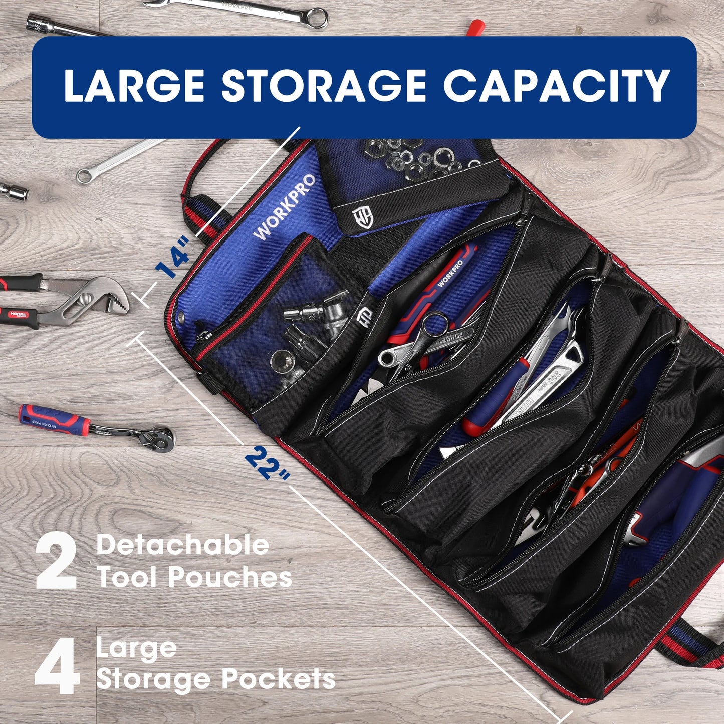 WORKPRO Bucket Tool Organizer 13 to 19L Bucket Boss Portable Foldable Toolbox with 51 Storage Pockets Fits Tools Collection Bag