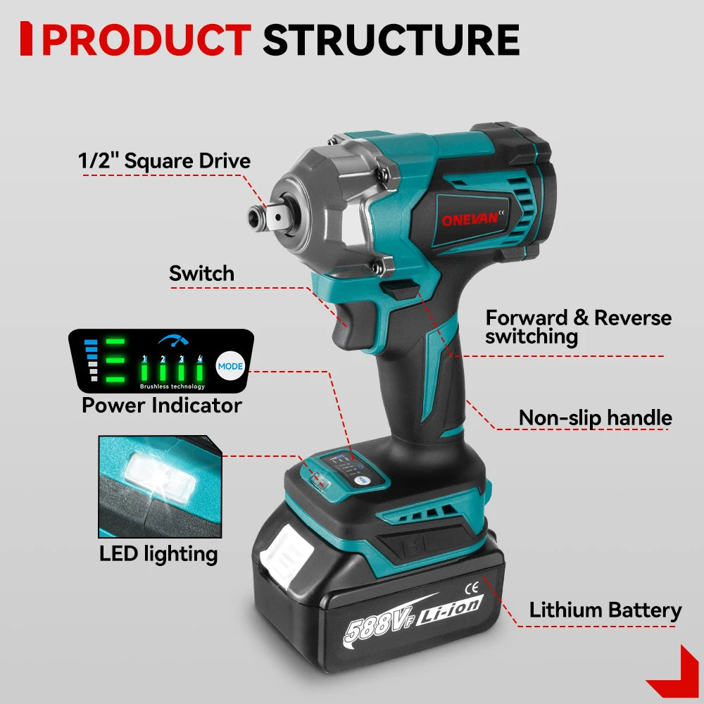 1200N.M Torque 1/2 Inch Brushless Electric Impact Wrench Cordless Screwdriver Socket Wrench Power Tools For Makita 18V Battery