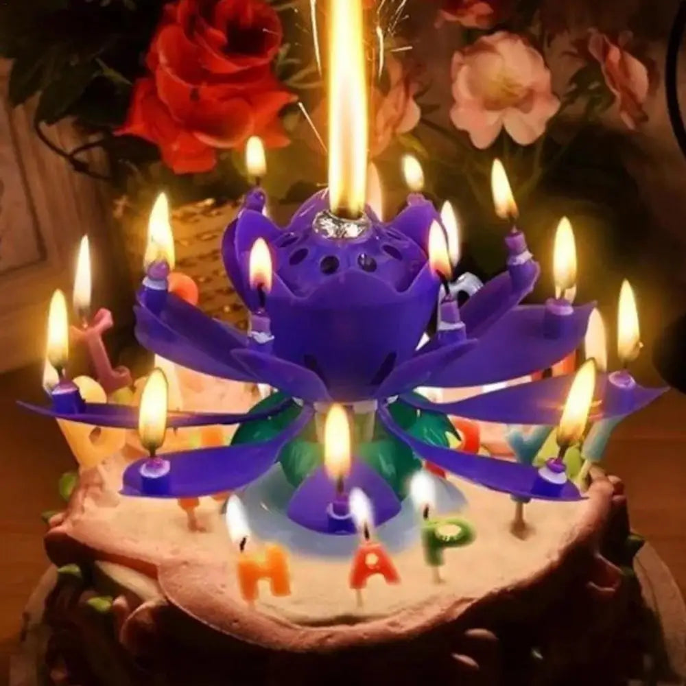 Innovative Party Cake Candles Musical Rotating Lotus Flower Flat Bottom Rotating Electronic Candle Birthday Cake Music Candles