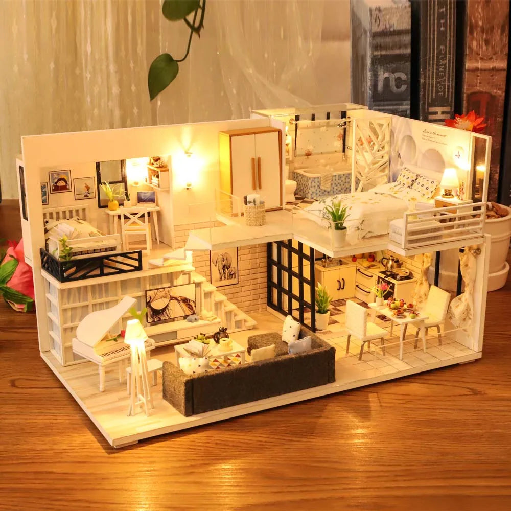 Assemble DIY Wooden House Dollhouse kit Wooden Miniature Doll Houses Miniature Dollhouse toys With Furniture LED Lights Gift