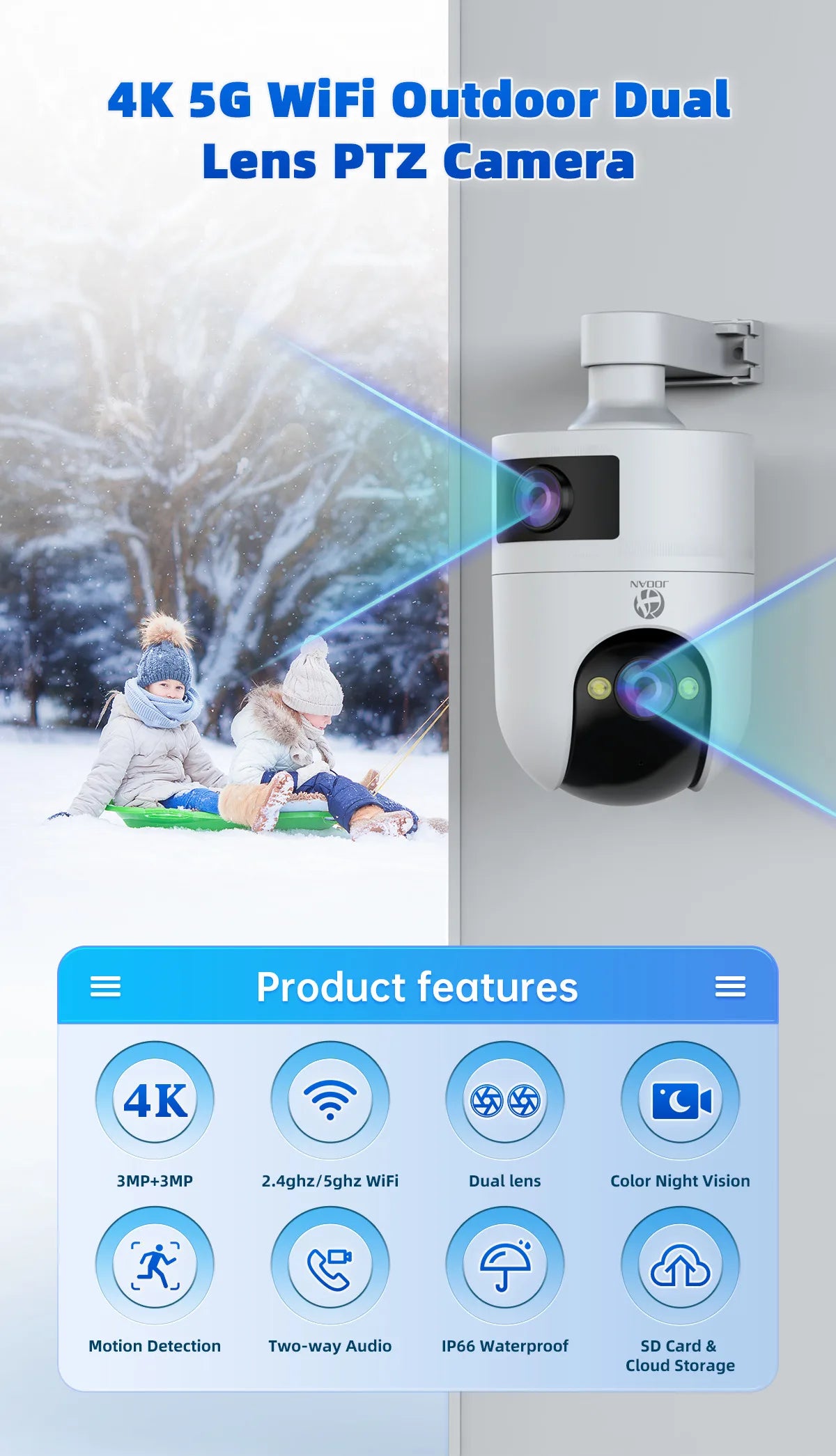 JOOAN 4K HD  PTZ Camera Outdoor Dual Lens Dual Screen AI Tracking 5G WIFI IP Camera Security Protection CCTV Video Surveillance