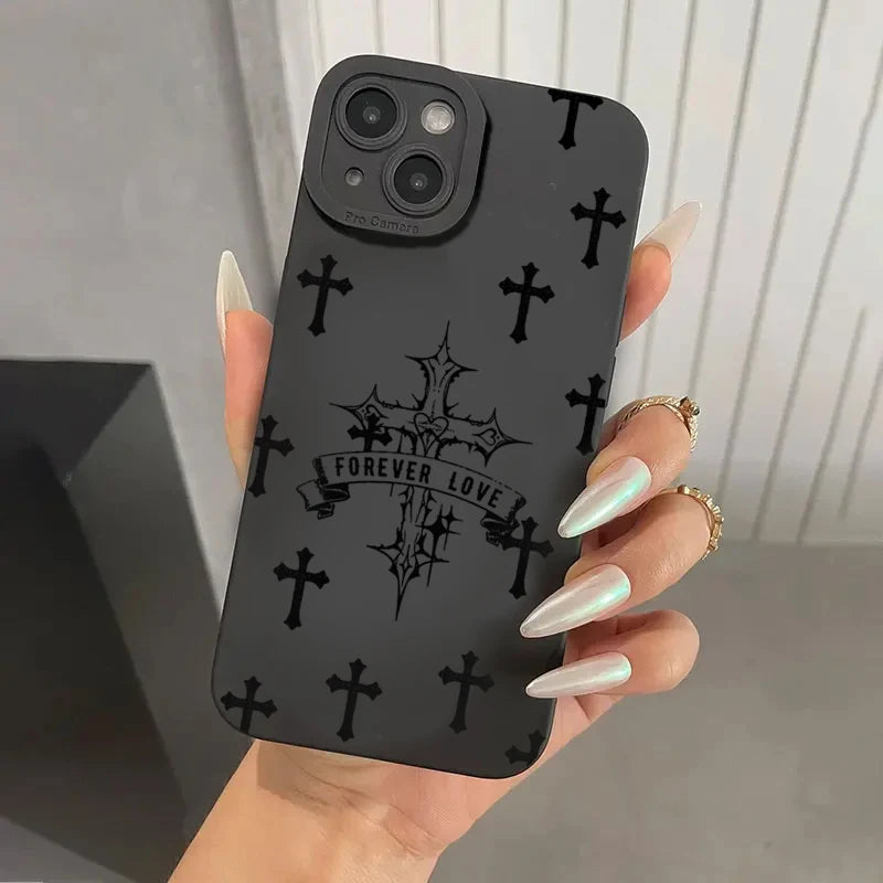 Phone Case For iPhone 16 15 14 11 12 13 Pro Max Mini 7 8 Plus X XR XS Max SE 2020 2022 Black Cross Print Shockproof Soft Cover