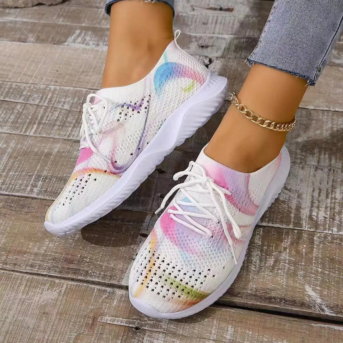 Women Mix Color Mesh Knitted Sneakers 2024 Autumn Lightweight Breathable Soft Sole Running Shoes Woman Slip on Flats Sock Shoes