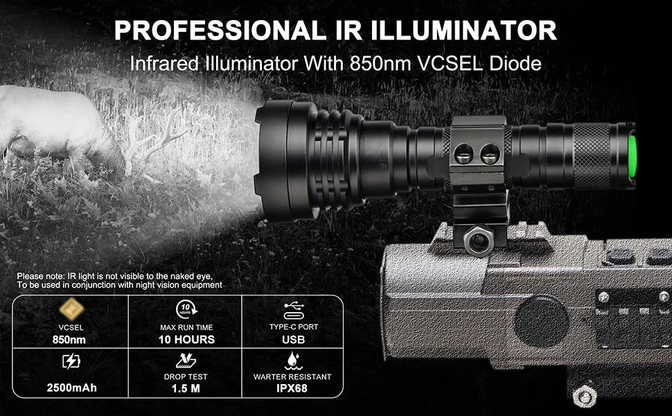 ANEKIM Z-IR 850/940 Zoom Infrared Torch, Silent 3 Mode Adjustable Power Tactical Flashlight, 18650 Battery Infrared Lamp