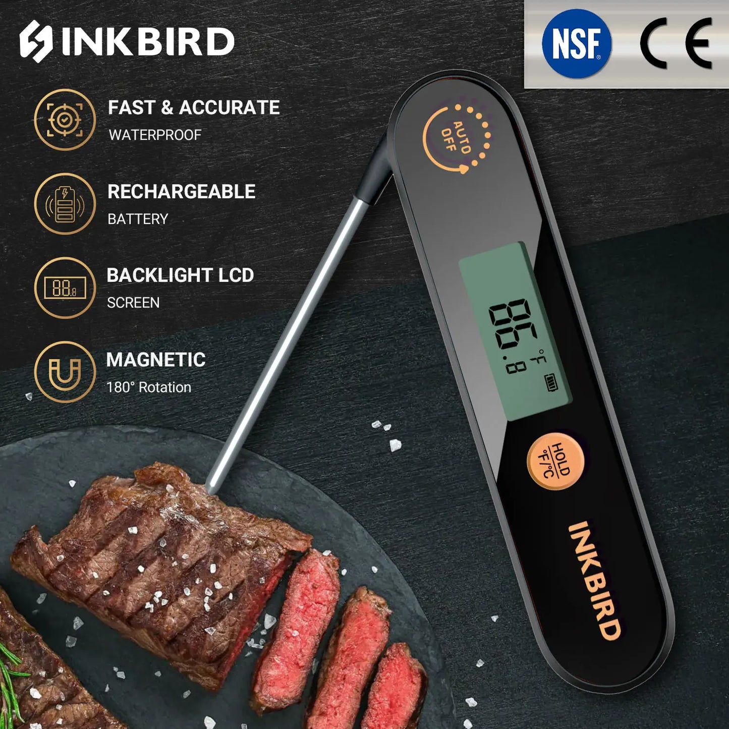 INKBIRD New IHT-1X Rechargable Digital Backlight Folding Barbecue Kitchen Cooking Instant Readin Waterproof Meat Thermometer