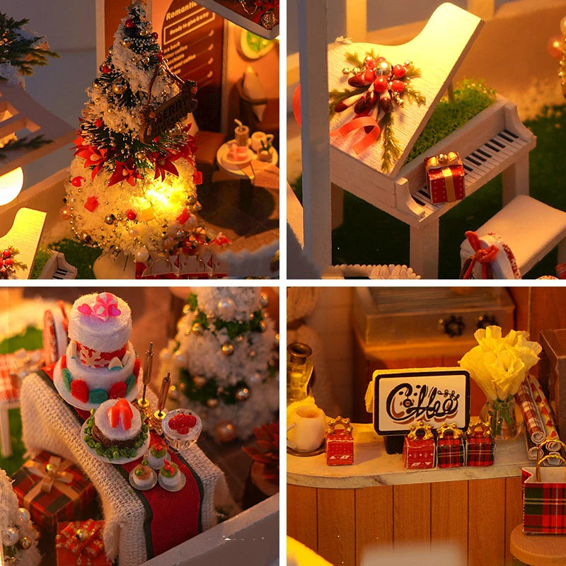 DIY Wooden Doll Houses Christmas Coffee Shop Casa Miniature Building Kit Villa Dollhouse with Furniture Led Light for Girls Gift