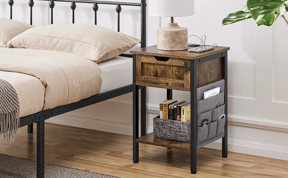 Wood Bedside Table with Drawer&Shelf,Bedside Cupboard with 2USBOutlets,Steel-Framed Bedside Cabinet with Storage Bag for Bedroom