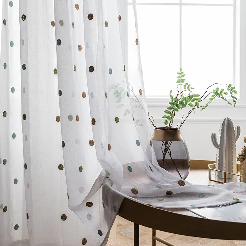 Colorful Circle Embroidery Sheer Curtains For Living Room Drapes White Window Screen Cotton Linen Bedroom Tulle Curtain  ZH035-5