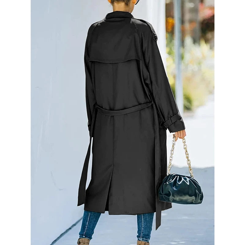 Women Vintage Long Trench Coat Classic Double-Breasted Lapel Long Sleeve Windproof Overcoat with Belt Elegant Jackets Streetwear