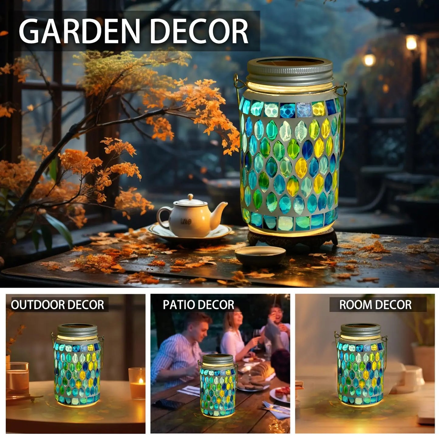 Solar Mosaic Lantern Hanging Mason Jar Glass Lights Outdoor Waterproof Table Lamp Decoration for Garden Patio Party Yard Balcony