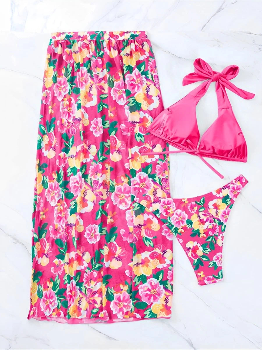 2024 Halter String Print 3 Piece Bikini Long Skirt Swimsuit Women Swimwear Female Bather Bathing Swimming Swim Suit Beachwear