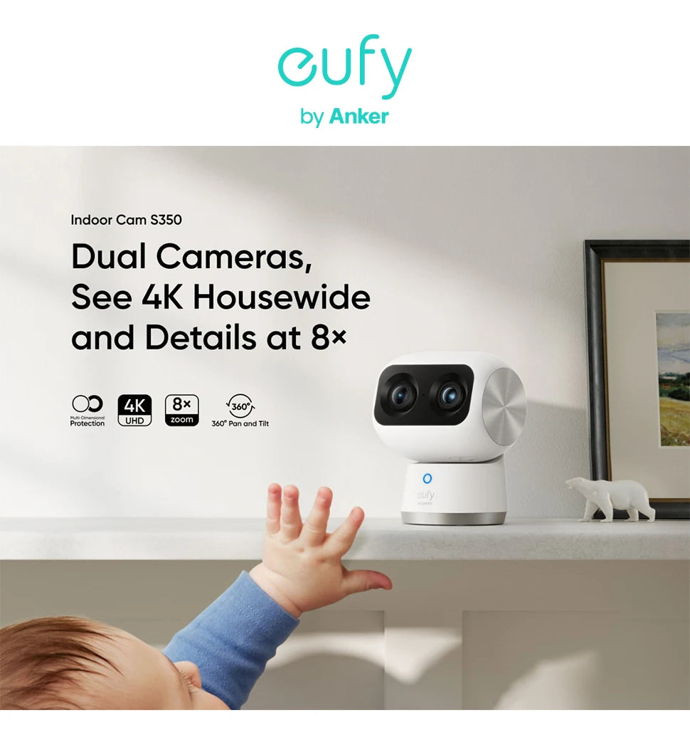 eufy Security Indoor Cam S350 Dual Cameras 4K 8MP Resolution Security Camera 8× Zoom 360° PTZ Human/Pet AI Wifi Surveillance Cam