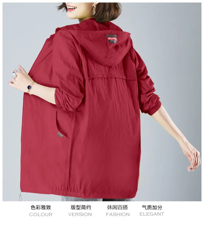 2024 Summer Thin Windbreaker Women Coat New Sunscreen Clothes Mid-Long Female Breathable Oversize Jacket Hooded Female Outerwear