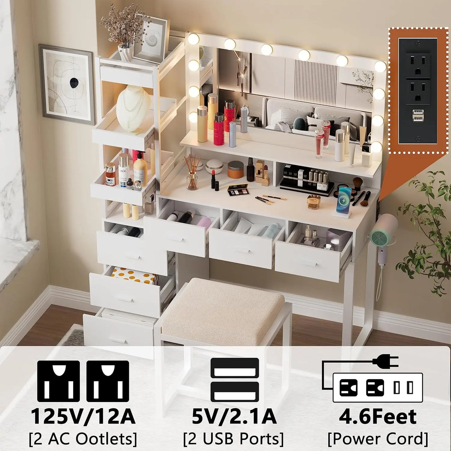 Makeup Vanity Desk with Mirror and Lights, Vanity Desk w/Charging Station, Drawers, Movable Shelves for Makeup, Modern Table Set