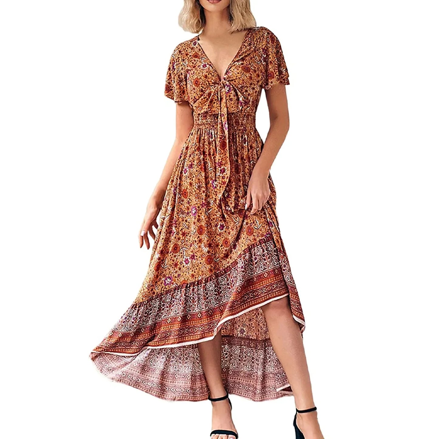 Boho Floral Print Long Dress Women Summer Beach Sundress Sexy Short Sleeve V Neck Ruffle Pleated Dress Bohemian Casual Dresses