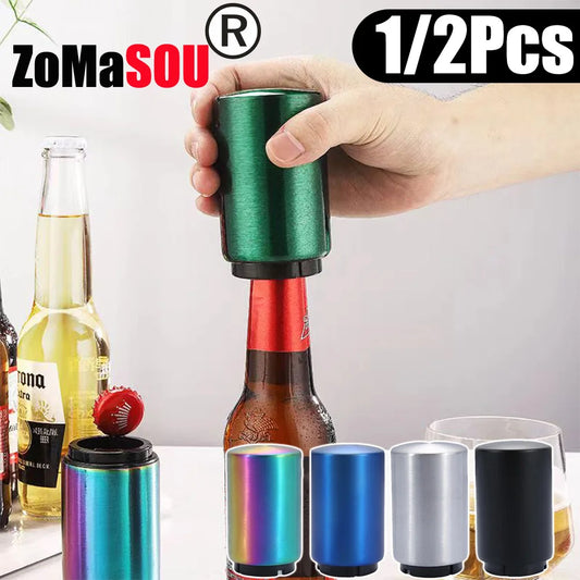 Top Press Bottle Beer Opener Press Automatic No Trace Soda Wine Bottle Opener Stainless Magnet Beer Opener Kitchen Tool