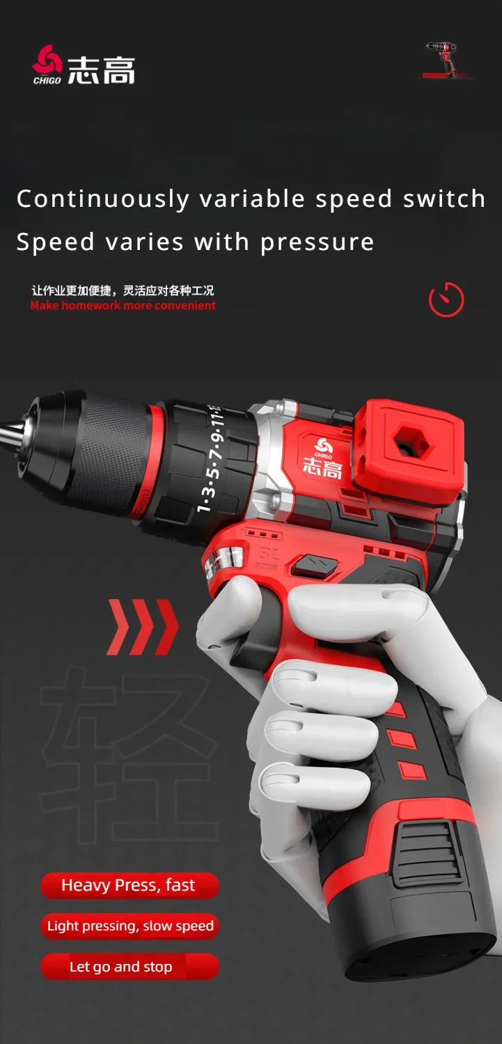 Chigo Brushless Electric Drill Cordless Driller Driver 120N.m 16.8V Impact Drill Screwdriver Li-ion Battery Electric Power Tools