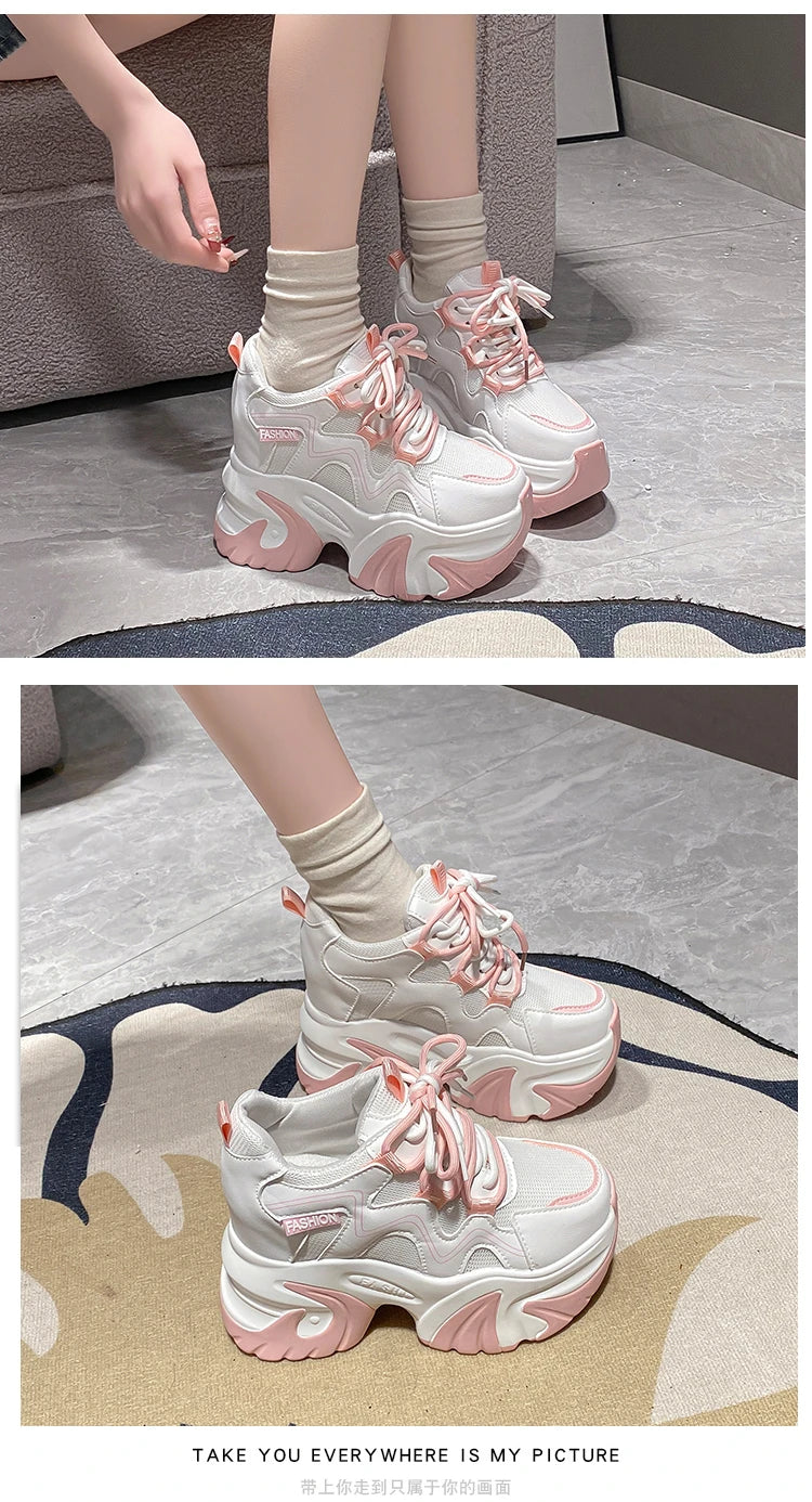 Women Walking Sneakers Autumn Lace-up High Platform Chunky Shoes Breathable Leather Shoes 10CM Winter Wedge Heels Casual Shoes