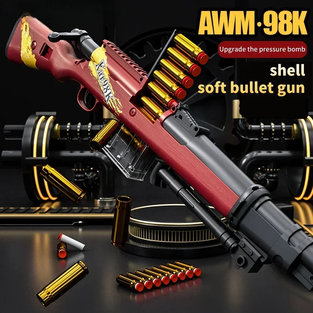 98k AWM Shell Eject Sniper Rifle EVA Soft Bullet Toy Gun with 15X Mirror Silencer Airsoft Gun Model CS Shoot Game for Boys Gift