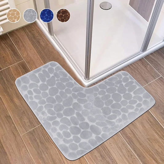 Cobblestone L-Shaped Bathroom Corner Mat Durable Water Absorption Low-Profile Floor Foot Mat Soft Non-slip Bath Mat Bathroom Rug