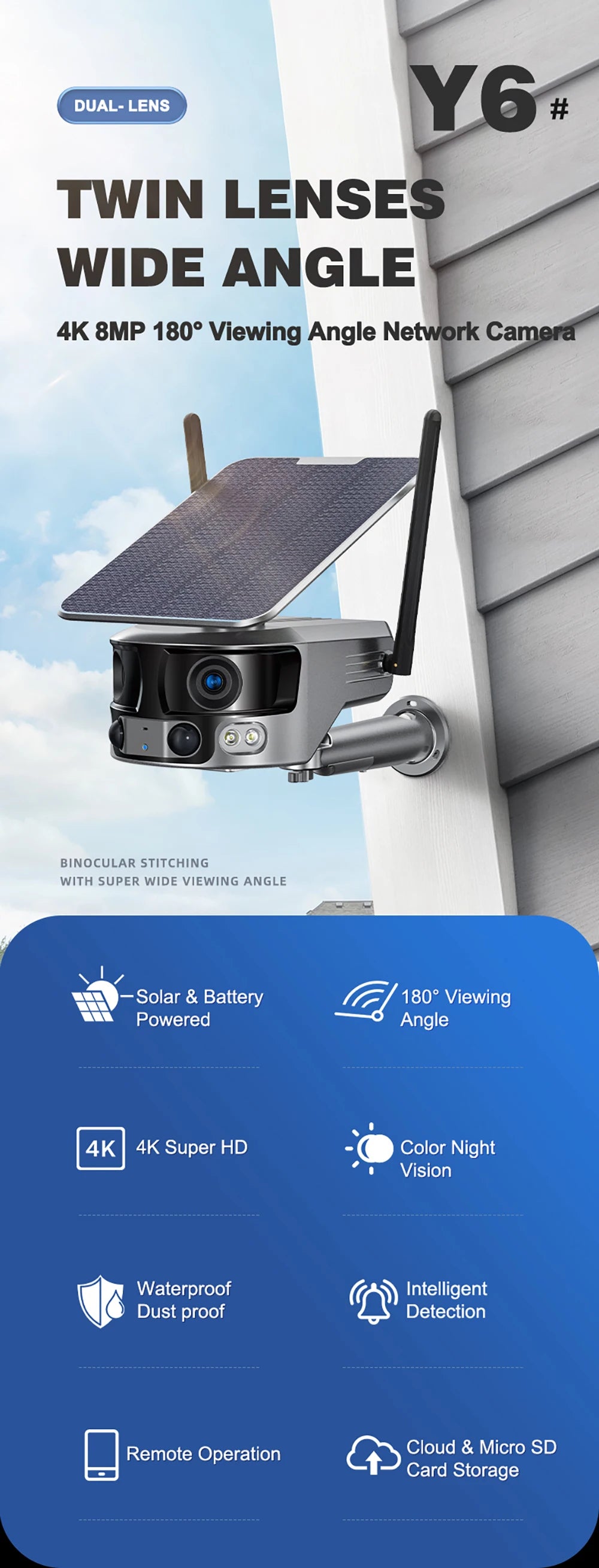 ZAOMIYOS 4G Sim Card/WIFI 180° Ultra Wide View Angle Solar Camera Outdoor 8MP Dual Lens 4X Zoom Human Detection Security Camera